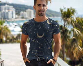 Celestial Moon and Stars AOP T-Shirt, All Over Print Tee, Unisex Cut & Sew Shirt, Boho Astrology Cosmic Gift for Her or Him, Night Sky Shirt