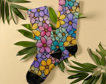 Calcetines con estampado floral de vidrieras en tonos joya, unisex, regalo para novia, esposa o madre, estilo cottagecore, estampado botánico colorido de lujo estilo boho.