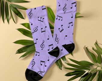 Music Note Socks, All Over Print Lavender Purple Socks, Gift for Musician, Singer, Teacher, Fun Unisex Music Lover Socks, Choir Piano Player
