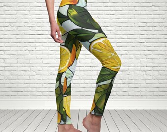 Lemon Stained Glass Leggings, Boho Activewear, Italian Style Yoga Pants, Botanical Citrus Workout Pants, Mediterranean Fitness Outfit