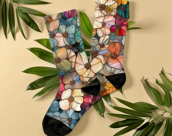 Meias com estampa floral em vitral, unissex, meias coloridas com arte floral, presente artístico para mulheres e amantes da arte, meias com estilo vintage.