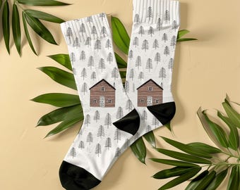 Cabin in the Woods Socks, Unisex Minimalist Pine Forest Scandinavian Style Socks