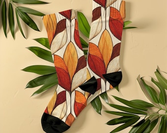Bunte Socken mit Blättermotiv aus Buntglas, Unisex, elegantes botanisches Muster, künstlerisches Geschenk für Kunstliebhaber