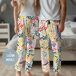 Custom Hidden Initials Rainbow Confetti Pajama Pants, Matching Sleepwear for Women and Men, Personalized Gift for Artists & Color Lovers