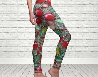 Leggings com estampa de cereja vermelha em vitral, estilo boho para atividades físicas, calça de ioga com estampa de cereja Y2K, estampa botânica fofa retrô com cereja, calça com estampa de frutas no estilo cottagecore