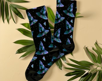 Midnight Black Witch Hat Stained Glass Socks, Unisex Whimsigoth Halloween Spooky Crew Socks