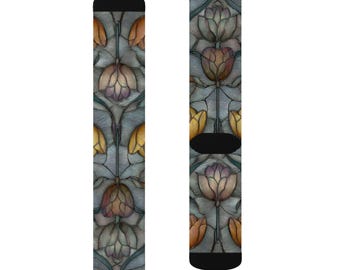 Elegant Stained Glass Tulip Socks, Unisex, Botanical Floral Art Socks, Gift for Women, Flower Lovers, Gardeners, Art Nouveau Vintage Socks