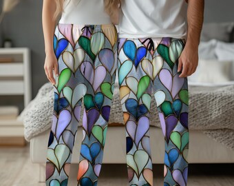 Pastelkleurige pyjamabroek met gebrandschilderd glas, boho-nachtkleding voor dames en heren, artistieke kleurrijke pyjamabroek, regenboogmozaïek Love Family-nachtkleding