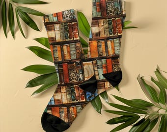 Vintage Bookshelf Stained Glass Socks, Old Book Lover Gift, Unisex Bookish Gift for Teacher, Librarian, Bookworm