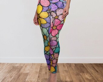 Leggings con estampado floral en tonos joya, ropa deportiva bohemia, pantalones de yoga suaves y femeninos estilo cottagecore, pantalones de yoga estilo hippie, regalo para bailarinas.