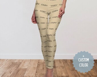 Leggings minimalistas color crema con texto acogedor, regalo para amantes del yoga, regalo para aficionados al pilates, regalo para mamás primerizas, pantalones de yoga con tipografía minimalista.