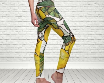 Retro Lemon Stained Glass Leggings, Boho Activewear, Italian Style Yoga Pants, Botanical Citrus Workout Pants, Mediterranean Fitness Outfit