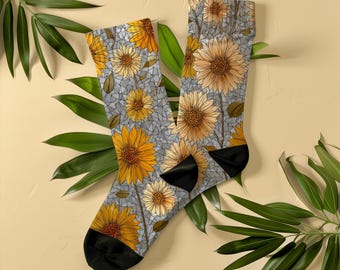 Delicate Stained Glass Sunflower Socks, Unisex, Botanical Floral Art Socks, Gift for Women, Flower Lovers, Gardeners, Art Nouveau Mosaic