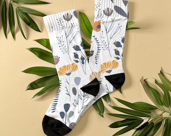 Scandi Boho Wildflower Socks, Unisex, Minimalist Crew Socks, Gift for Women, Flower Lovers