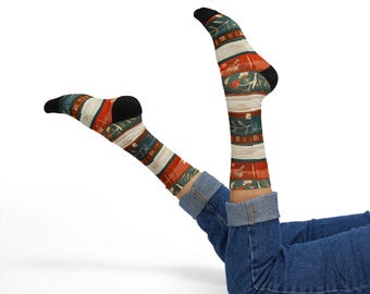 Meias coloridas com estampa de lombada de livro, presente para amantes de livros antigos, presente unissex para professores, bibliotecários e leitores ávidos, ilustração aconchegante de lombada de livro vintage.