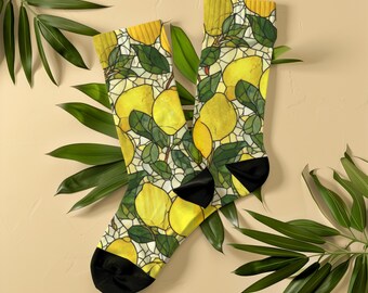 Retro Lemon Stained Glass Socks, Unisex, Italian Tile Style Botanical, Cottagecore Socks, Mediterranean Citrus Gift for Foodie, Artsy