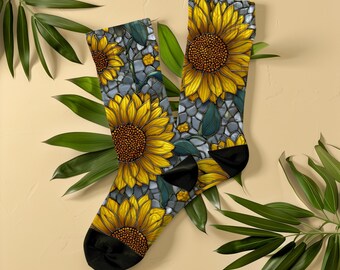 Artistic Stained Glass Sunflower Socks, Unisex, Botanical Floral Art Socks, Gift for Women, Flower Lovers, Gardeners, Art Nouveau Mosaic