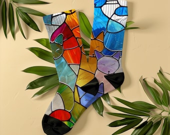 Calcetines unisex con diseño de gato y vitrales, ideal como regalo para amantes de los gatos, con diseño de gato y mosaico colorido, ideal como regalo para mamá gata. Calcetines vintage con diseño de gato.