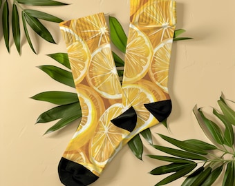 Mediterrane glas-in-loodsokken met citroen, uniseks, botanisch in Italiaanse tegelstijl, Cottagecore-sokken, maximalistisch botanisch cadeau voor fijnproevers