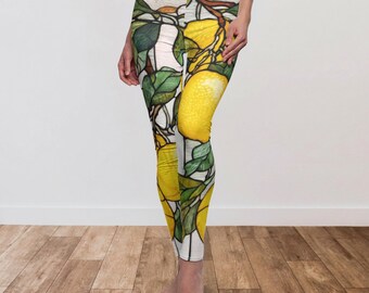 Retro Lemon Stained Glass Leggings, Boho Activewear, Italian Style Yoga Pants, Botanical Citrus Workout Pants, Mediterranean Fitness Outfit