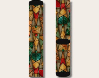 Burnt Orange Stained Glass Christmas Tree Socks, Unisex Colorful Xmas Mosaic Footwear, Gift for Christmas Lover
