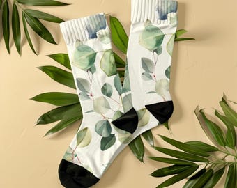 Watercolor Eucalyptus Socks, Unisex, Elegant Botanical Pattern, Nature-Inspired Zen Wellness Gift, Cottagecore Scandinavian Style