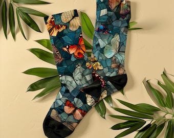 Colorful Stained Glass Design Pastel Butterfly Socks, Unisex, Artistic Gift for Women & Art Lovers, Vintage Mosaic Art Socks