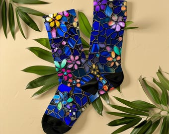 Stained Glass Blue Purple Delicate Floral Socks, Unisex, Art Nouveau Flower Socks, Artistic Gift for Women & Art Lovers, Vintage Art Socks