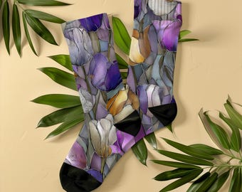 Stained Glass Tulip Socks, Unisex, Botanical Floral Art Socks, Gift for Women, Flower Lovers, Gardeners, Art Nouveau Vintage Socks