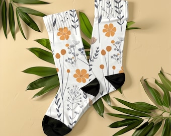 Scandi Boho Wildflower Socks, Unisex, Minimalist Crew Socks, Gift for Women, Flower Lovers