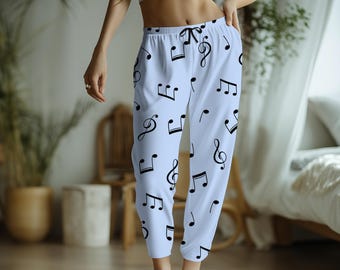 Music Notes Pastel Blue Pajama Pants, Matching Sleepwear for Women and Men, All Over Print PJ, Cozy Gift for Music Lover Teacher, Singer