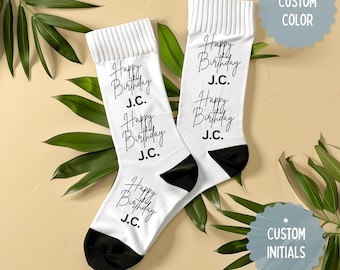 Calcetines personalizados con iniciales de feliz cumpleaños, unisex, calcetines divertidos y personalizados para fiestas de cumpleaños, bonito regalo de cumpleaños para una ocasión especial.