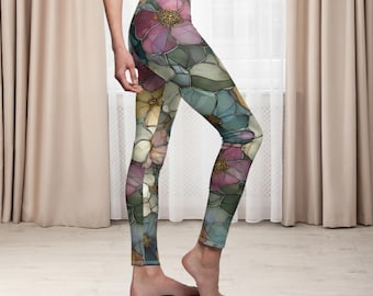 Stained Glass Design Floral Leggings, Elegant Art Nouveau Design Artistic Gift for Women, Botanical Yoga Pants