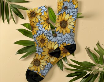 Artistic Stained Glass Sunflower Socks, Unisex, Botanical Floral Art Socks, Gift for Women, Flower Lovers, Gardeners, Art Nouveau Mosaic