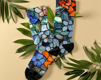 Colorful Stained Glass Flower Mosaic Socks Orange Blue Green Garden Gift Socks, Unisex, Floral Glass Art Boho Art Deco Socks