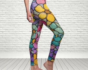 Leggings con estampado floral en tonos joya, ropa deportiva bohemia, pantalones de yoga suaves y femeninos estilo cottagecore, pantalones de yoga estilo hippie, regalo para bailarinas.