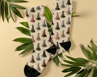 Vintage Witch Hat Socks, Unisex Halloween Spooky Crew Socks, Fantasy Reader Gift