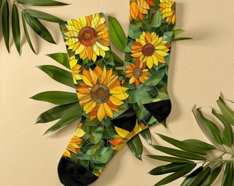 Stained Glass Bright Sunflower Socks, Unisex, Botanical Floral Art Socks, Gift for Women, Flower Lovers, Gardeners, Cheerful Botanical Gift