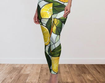 Lemon Stained Glass Leggings, Boho Activewear, Italian Style Yoga Pants, Botanical Citrus Workout Pants, Mediterranean Fitness Outfit