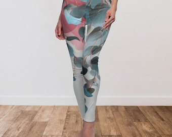 Minimal Eucalyptus Leggings, Zen Activewear, Earthy Sage and Teal Yoga Pants, Gift for Women, Artistic Mindful Yoga Pants, Organic Nature