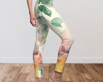 Aquarel eucalyptus legging, zen-sportkleding, aardse salie en groenblauw yogabroek, cadeau voor vrouwen, artistieke mindful yogabroek, biologische natuur
