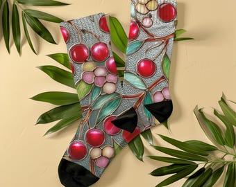 Meias com estampa de vitral de cereja vermelha, unissex, estilo retrô charmoso, design minimalista em mosaico, meias estilo cottagecore, presente perfeito para amantes da gastronomia.