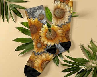 Artistic Stained Glass Sunflower Socks, Unisex, Botanical Floral Art Socks, Gift for Women, Flower Lovers, Gardeners, Art Nouveau Mosaic