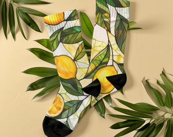 Lemon Stained Glass Socks, Unisex, Italian Tile Style Botanical, Cottagecore Socks, Mediterranean Citrus Gift for Foodie, Artsy