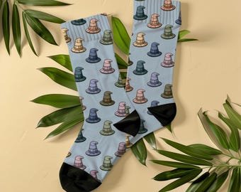 Pastel Witch Hat Socks, Unisex Halloween Spooky Crew Socks, Fantasy Reader Gift