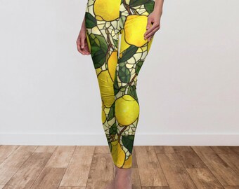 Retro Lemon Stained Glass Leggings, Boho Activewear, Italian Style Yoga Pants, Botanical Citrus Workout Pants, Mediterranean Fitness Outfit
