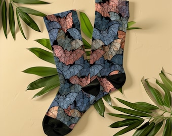 Stained Glass Bats Socks, Unisex Halloween Spooky Crew Socks, Gothic Mosaic Gift for Bat Lover