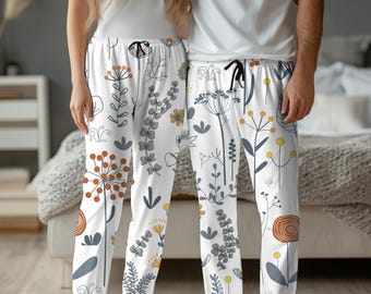 Boho Botanische Pyjama-Hose, passendes Nachtwäsche Geschenk für Frauen und Männer, Natur All Over Print PJs, minimalistische Familiennachtwäsche, gemütlich geblümt