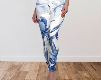 Blauwe toile Iris Art AOP-legging, kust Franse toile blauwe en witte panty's, artistieke yogabroek cadeau voor bloemenliefhebber