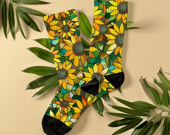 Stained Glass Bright Sunflower Socks, Unisex, Botanical Floral Art Socks, Gift for Women, Flower Lovers, Gardeners, Cheerful Botanical Gift
